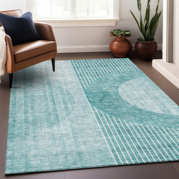 HomeRoots 10' X 14' Teal and Ivory Geometric Area Rug - Washable, UV-Protected, Stain-Resistant & Durable! 655752