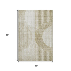 HomeRoots 5' X 8' Stylish Taupe and Beige Geometric Washable Area Rug with UV Protection for Modern Homes 655754