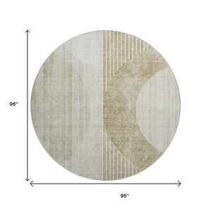 HomeRoots 8' Taupe and Beige Geometric Washable Round Rug - UV Protected, Family-Friendly, Modern Style! 655755