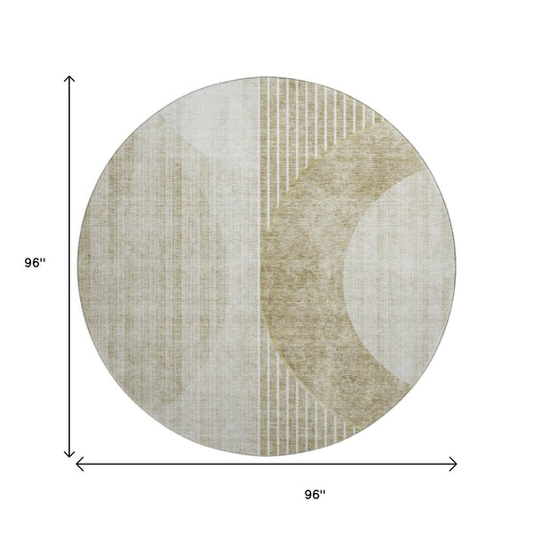 HomeRoots 8' Taupe and Beige Geometric Washable Round Rug - UV Protected, Family-Friendly, Modern Style! 655755