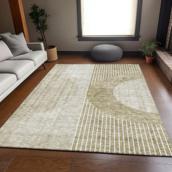 HomeRoots 8' X 10' Modern Taupe and Beige Geometric Area Rug - Washable, Stain Resistant, UV Protected Design 655756