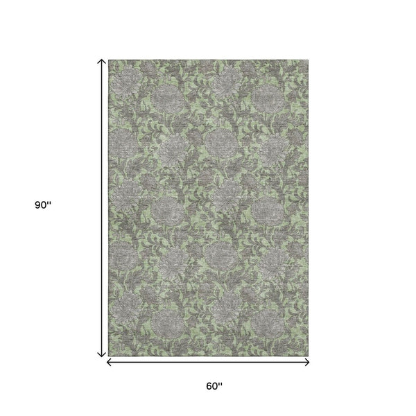 HomeRoots 5' Artichoke Green & Gray Floral Washable Area Rug - Durable, UV Protected & Easy-Care for Homes! 655766