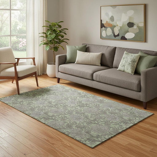 HomeRoots 5' Artichoke Green & Gray Floral Washable Area Rug - Durable, UV Protected & Easy-Care for Homes! 655766