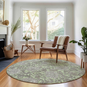 HomeRoots 8' Artichoke Green and Gray Floral Round Rug – Washable, UV-Protected, Stain-Resistant Elegance 655767