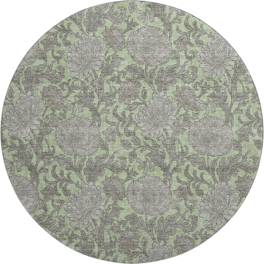 HomeRoots 8' Artichoke Green and Gray Floral Round Rug – Washable, UV-Protected, Stain-Resistant Elegance 655767