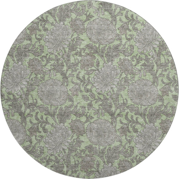 HomeRoots 8' Artichoke Green and Gray Floral Round Rug – Washable, UV-Protected, Stain-Resistant Elegance 655767
