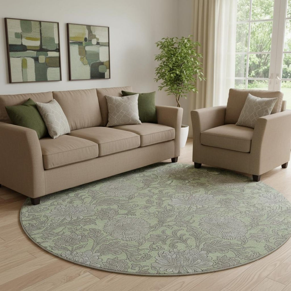 HomeRoots 8' Artichoke Green and Gray Floral Round Rug – Washable, UV-Protected, Stain-Resistant Elegance 655767