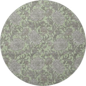 HomeRoots 8' Artichoke Green and Gray Floral Round Rug – Washable, UV-Protected, Stain-Resistant Elegance 655767