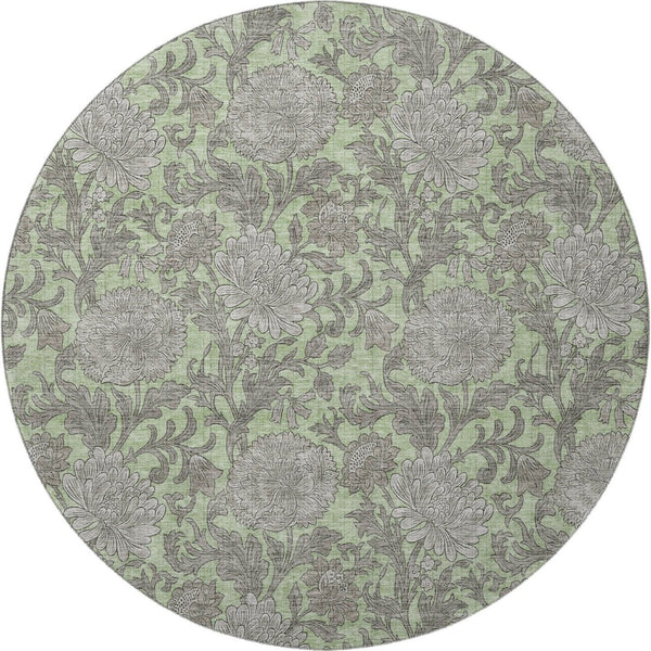 HomeRoots 8' Artichoke Green and Gray Floral Round Rug – Washable, UV-Protected, Stain-Resistant Elegance 655767