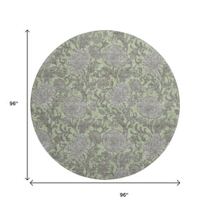 HomeRoots 8' Artichoke Green and Gray Floral Round Rug – Washable, UV-Protected, Stain-Resistant Elegance 655767