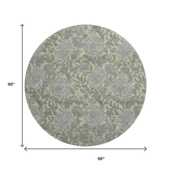 HomeRoots 8' Artichoke Green and Gray Floral Round Rug – Washable, UV-Protected, Stain-Resistant Elegance 655767