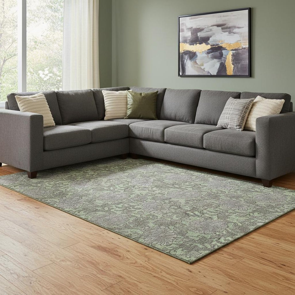 HomeRoots 8' X 10' Artichoke Green & Gray Floral Area Rug – Washable, UV Protected, Durable & Stylish Home Accent 655768