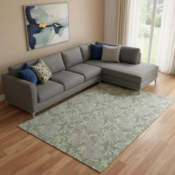 HomeRoots 9' X 12' Artichoke Green & Gray Floral Area Rug - Washable, Stain-Resistant, UV Protected for Durability 655769