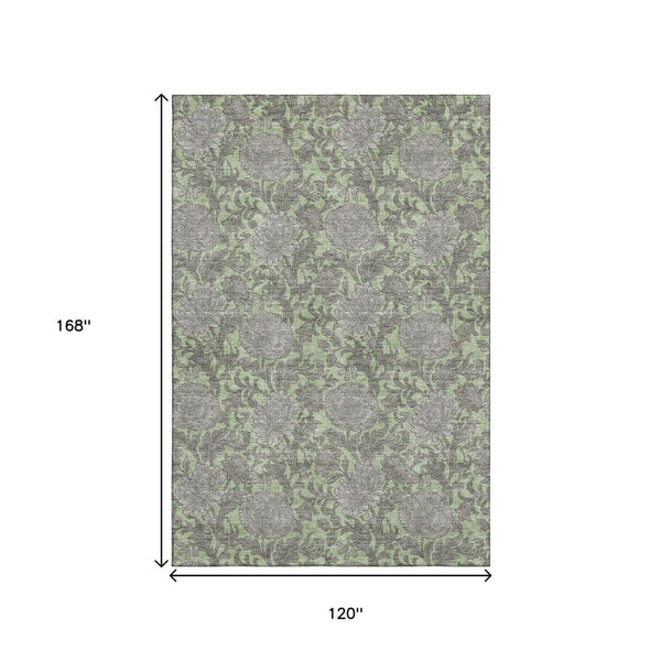 HomeRoots 10' X 14' Artichoke Green & Gray Floral Area Rug - Washable, UV Protection, Kid & Pet-Friendly! 655770