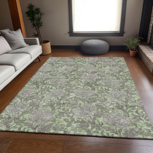 HomeRoots 10' X 14' Artichoke Green & Gray Floral Area Rug - Washable, UV Protection, Kid & Pet-Friendly! 655770