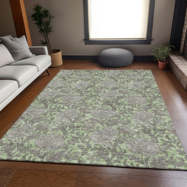 HomeRoots 10' X 14' Artichoke Green & Gray Floral Area Rug - Washable, UV Protection, Kid & Pet-Friendly! 655770