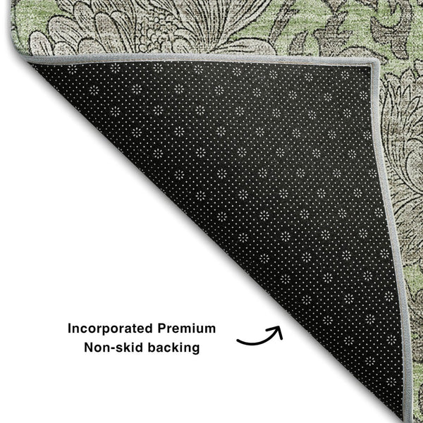 HomeRoots 10' X 14' Artichoke Green & Gray Floral Area Rug - Washable, UV Protection, Kid & Pet-Friendly! 655770