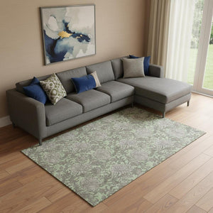 HomeRoots 10' X 14' Artichoke Green & Gray Floral Area Rug - Washable, UV Protection, Kid & Pet-Friendly! 655770