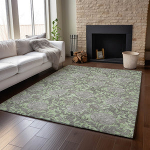 HomeRoots 10' X 14' Artichoke Green & Gray Floral Area Rug - Washable, UV Protection, Kid & Pet-Friendly! 655770