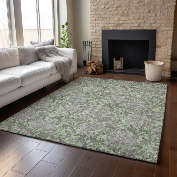 HomeRoots 10' X 14' Artichoke Green & Gray Floral Area Rug - Washable, UV Protection, Kid & Pet-Friendly! 655770