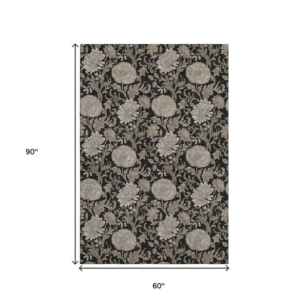 HomeRoots 5' X 8' Black And Beige Floral Area Rug – Washable, Stain Resistant, UV Protected for Everyday Style 655772