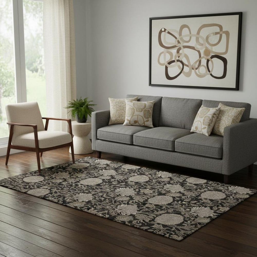 HomeRoots 5' X 8' Black And Beige Floral Area Rug – Washable, Stain Resistant, UV Protected for Everyday Style 655772