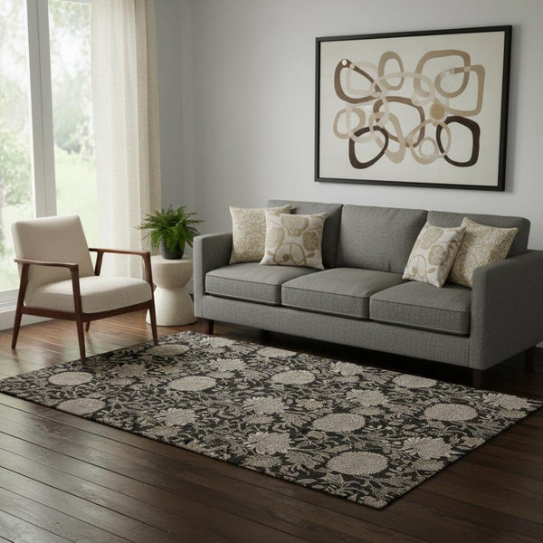 HomeRoots 5' X 8' Black And Beige Floral Area Rug – Washable, Stain Resistant, UV Protected for Everyday Style 655772