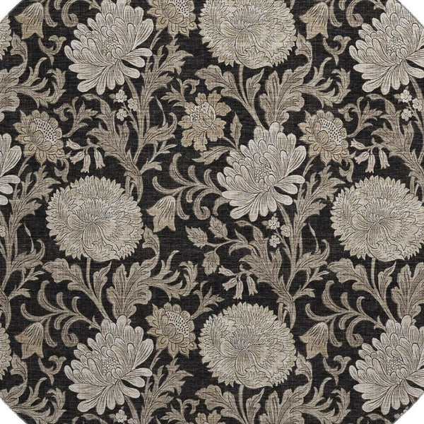 HomeRoots 8' Black and Beige Floral Round Rug - Washable, UV-Protected, Durable for High-Traffic Homes 655773