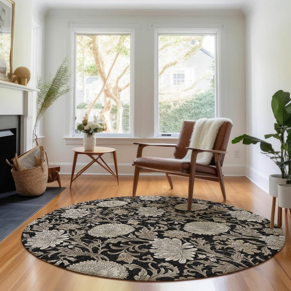 HomeRoots 8' Black and Beige Floral Round Rug - Washable, UV-Protected, Durable for High-Traffic Homes 655773