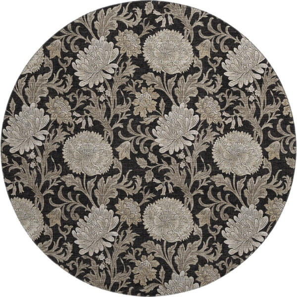 HomeRoots 8' Black and Beige Floral Round Rug - Washable, UV-Protected, Durable for High-Traffic Homes 655773