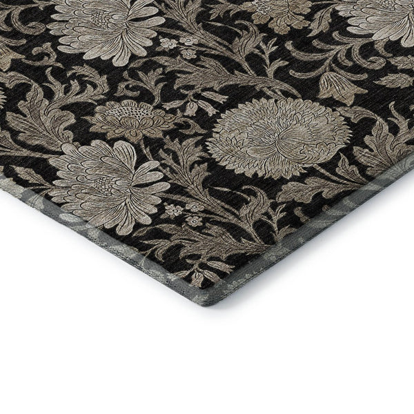 HomeRoots 8' Black and Beige Floral Round Rug - Washable, UV-Protected, Durable for High-Traffic Homes 655773