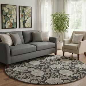 HomeRoots 8' Black and Beige Floral Round Rug - Washable, UV-Protected, Durable for High-Traffic Homes 655773