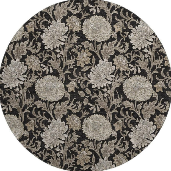 HomeRoots 8' Black and Beige Floral Round Rug - Washable, UV-Protected, Durable for High-Traffic Homes 655773
