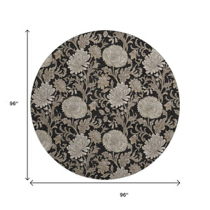 HomeRoots 8' Black and Beige Floral Round Rug - Washable, UV-Protected, Durable for High-Traffic Homes 655773
