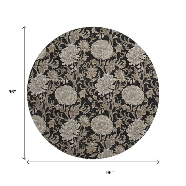 HomeRoots 8' Black and Beige Floral Round Rug - Washable, UV-Protected, Durable for High-Traffic Homes 655773