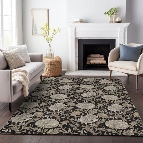 HomeRoots 8' X 10' Elegant Black and Beige Floral Area Rug - Durable, Washable, UV Protected for High-Traffic Spaces 655774