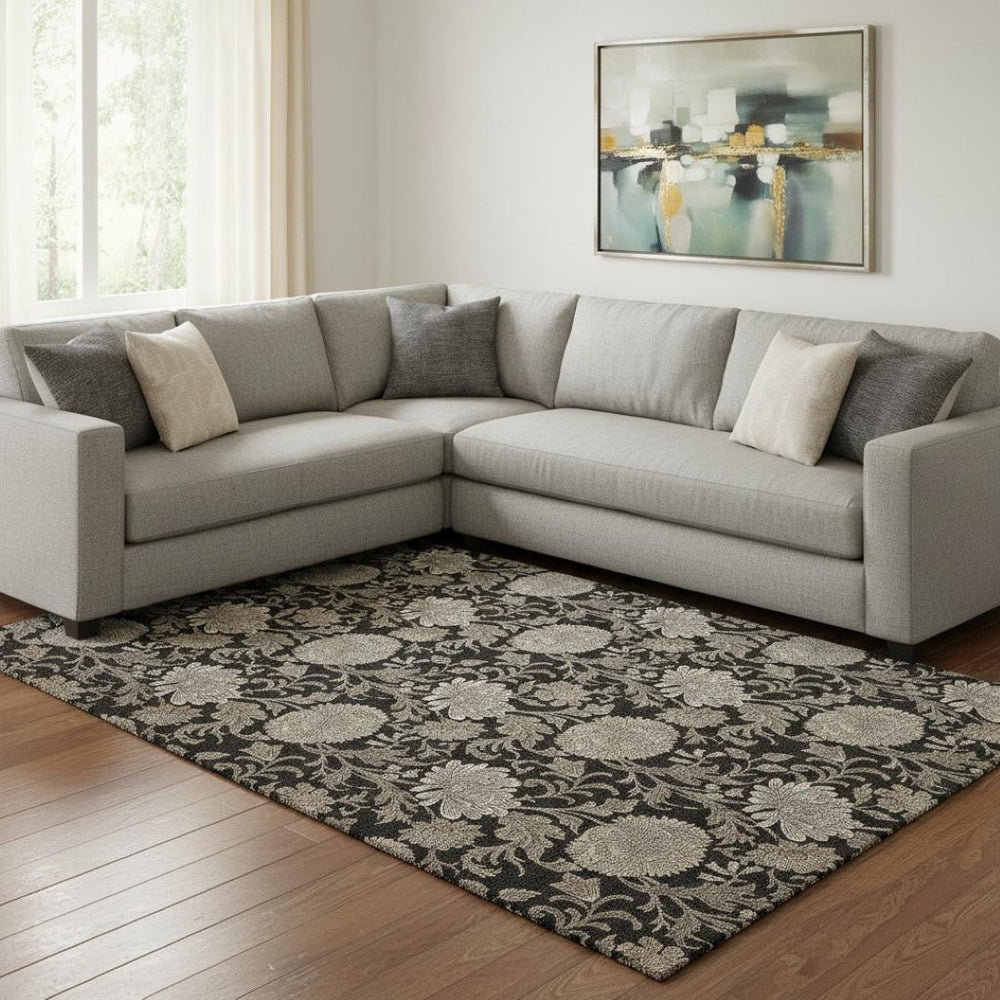 HomeRoots 8' X 10' Elegant Black and Beige Floral Area Rug - Durable, Washable, UV Protected for High-Traffic Spaces 655774