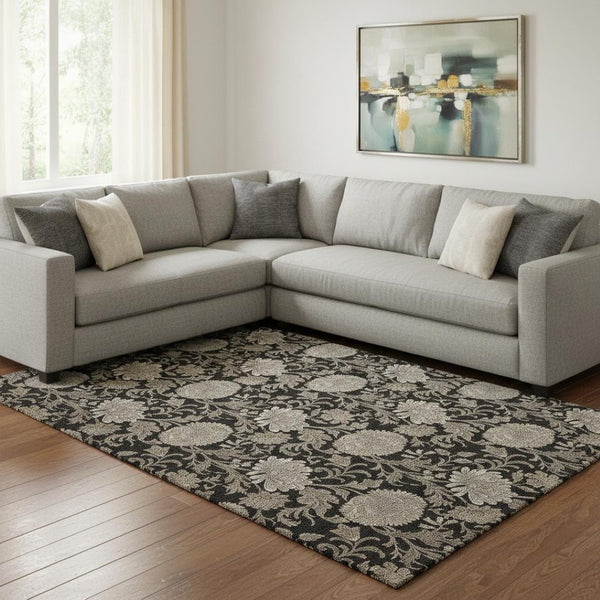 HomeRoots 8' X 10' Elegant Black and Beige Floral Area Rug - Durable, Washable, UV Protected for High-Traffic Spaces 655774