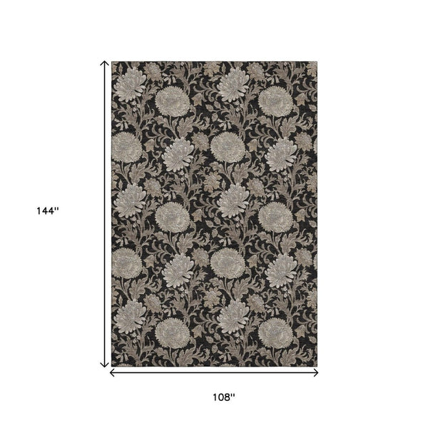 HomeRoots 9' X 12' Black And Beige Floral Area Rug - UV Protected, Washable, Durable, Ideal for Busy Homes 655775