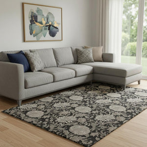 HomeRoots 10' X 14' Black & Beige Floral Washable Area Rug - Durable, Stain Resistant, UV Protected Design 655776