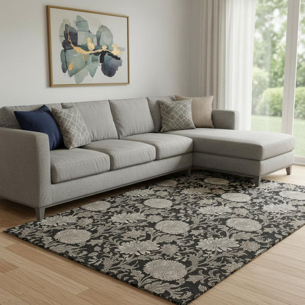 HomeRoots 10' X 14' Black & Beige Floral Washable Area Rug - Durable, Stain Resistant, UV Protected Design 655776