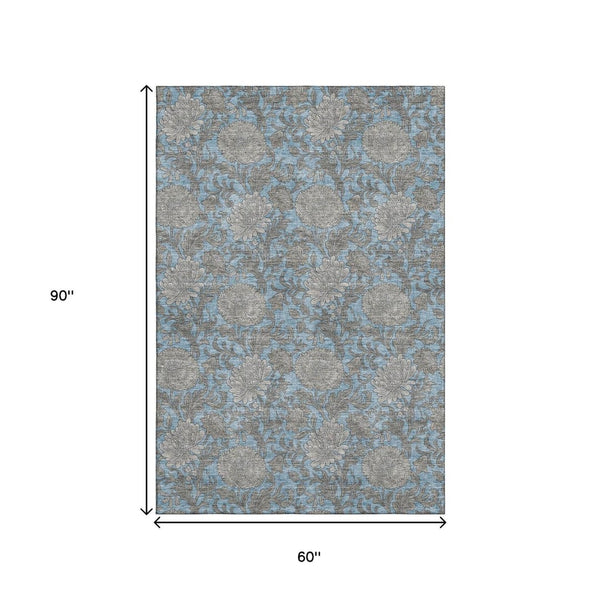 HomeRoots 5' X 8' Washable Floral Area Rug in Blue and Gray - Durable, UV-Protected, Ideal for Everyday Use 655778