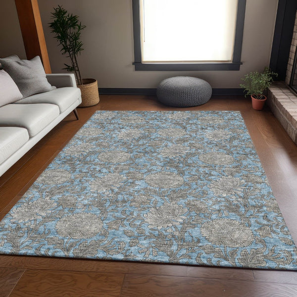 HomeRoots 5' X 8' Washable Floral Area Rug in Blue and Gray - Durable, UV-Protected, Ideal for Everyday Use 655778