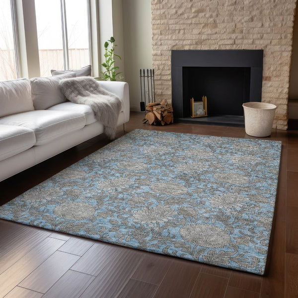 HomeRoots 5' X 8' Washable Floral Area Rug in Blue and Gray - Durable, UV-Protected, Ideal for Everyday Use 655778