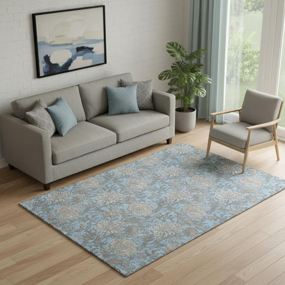 HomeRoots 5' X 8' Washable Floral Area Rug in Blue and Gray - Durable, UV-Protected, Ideal for Everyday Use 655778