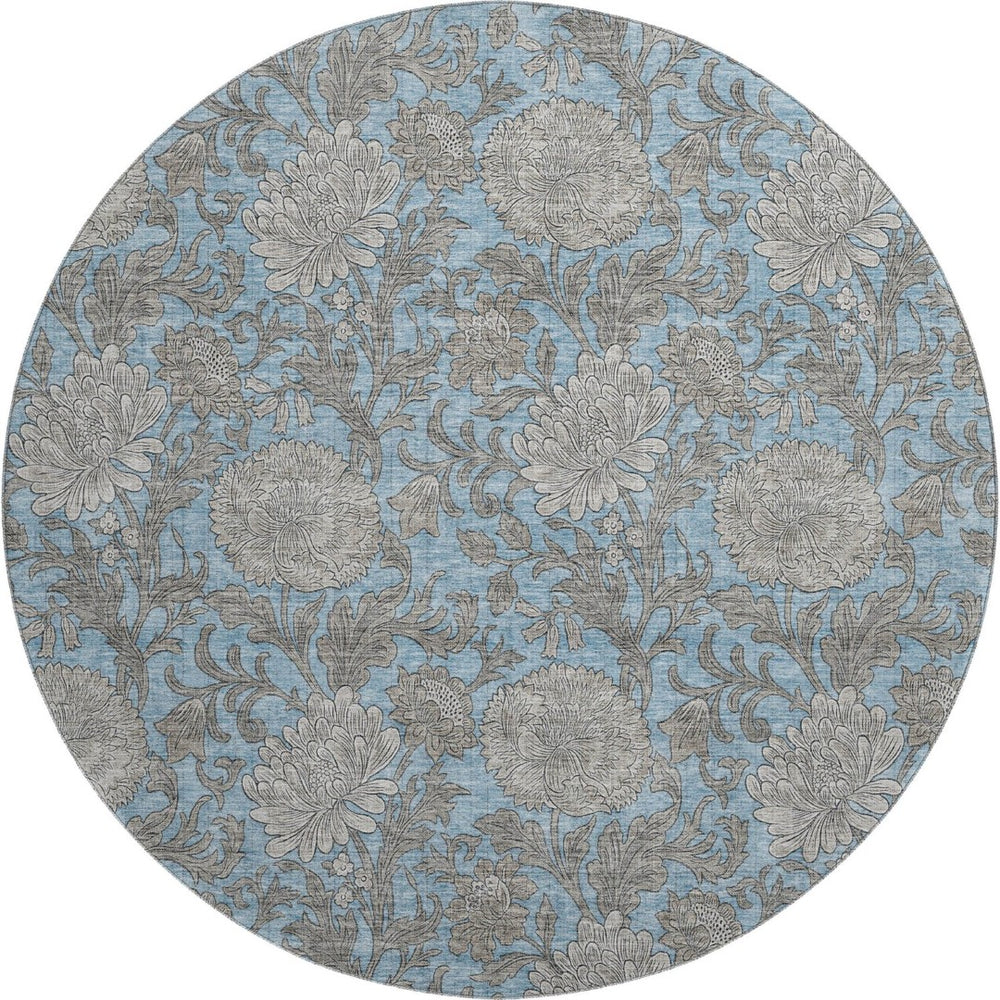 HomeRoots 8' Blue and Gray Floral Area Rug - Washable, UV Protected, Durable for High-Traffic Spaces & Style 655779