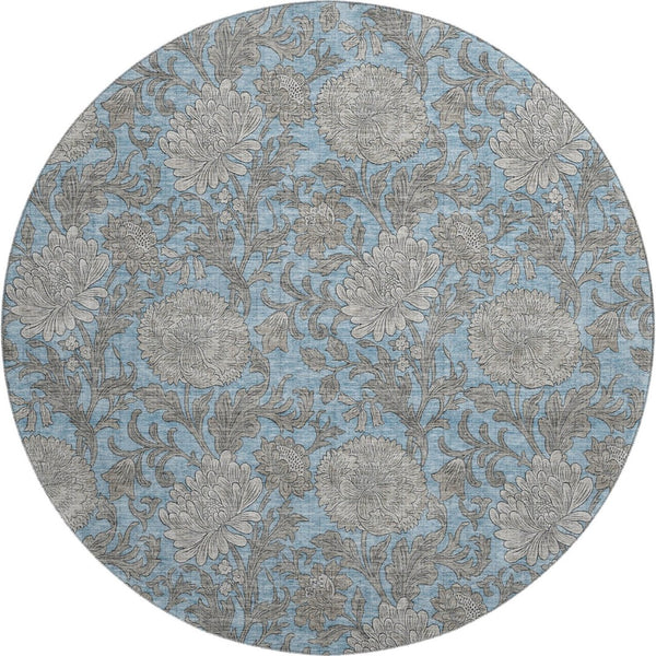 HomeRoots 8' Blue and Gray Floral Area Rug - Washable, UV Protected, Durable for High-Traffic Spaces & Style 655779