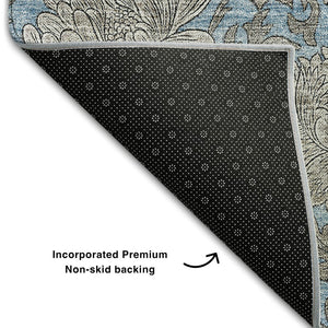 HomeRoots 8' Blue and Gray Floral Area Rug - Washable, UV Protected, Durable for High-Traffic Spaces & Style 655779