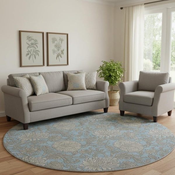 HomeRoots 8' Blue and Gray Floral Area Rug - Washable, UV Protected, Durable for High-Traffic Spaces & Style 655779