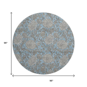 HomeRoots 8' Blue and Gray Floral Area Rug - Washable, UV Protected, Durable for High-Traffic Spaces & Style 655779